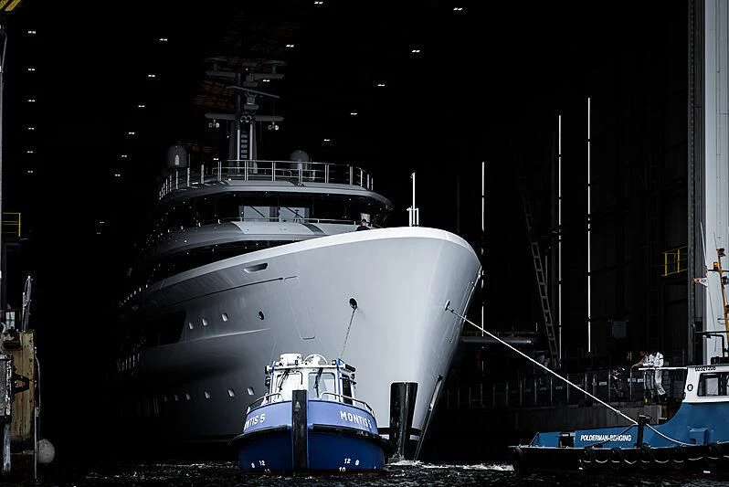 a large white boat in the dark aboard ENERGY Yacht for Sale