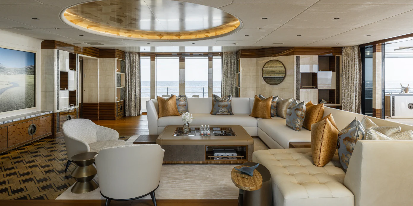 a living room with a large window aboard ENERGY Yacht for Sale
