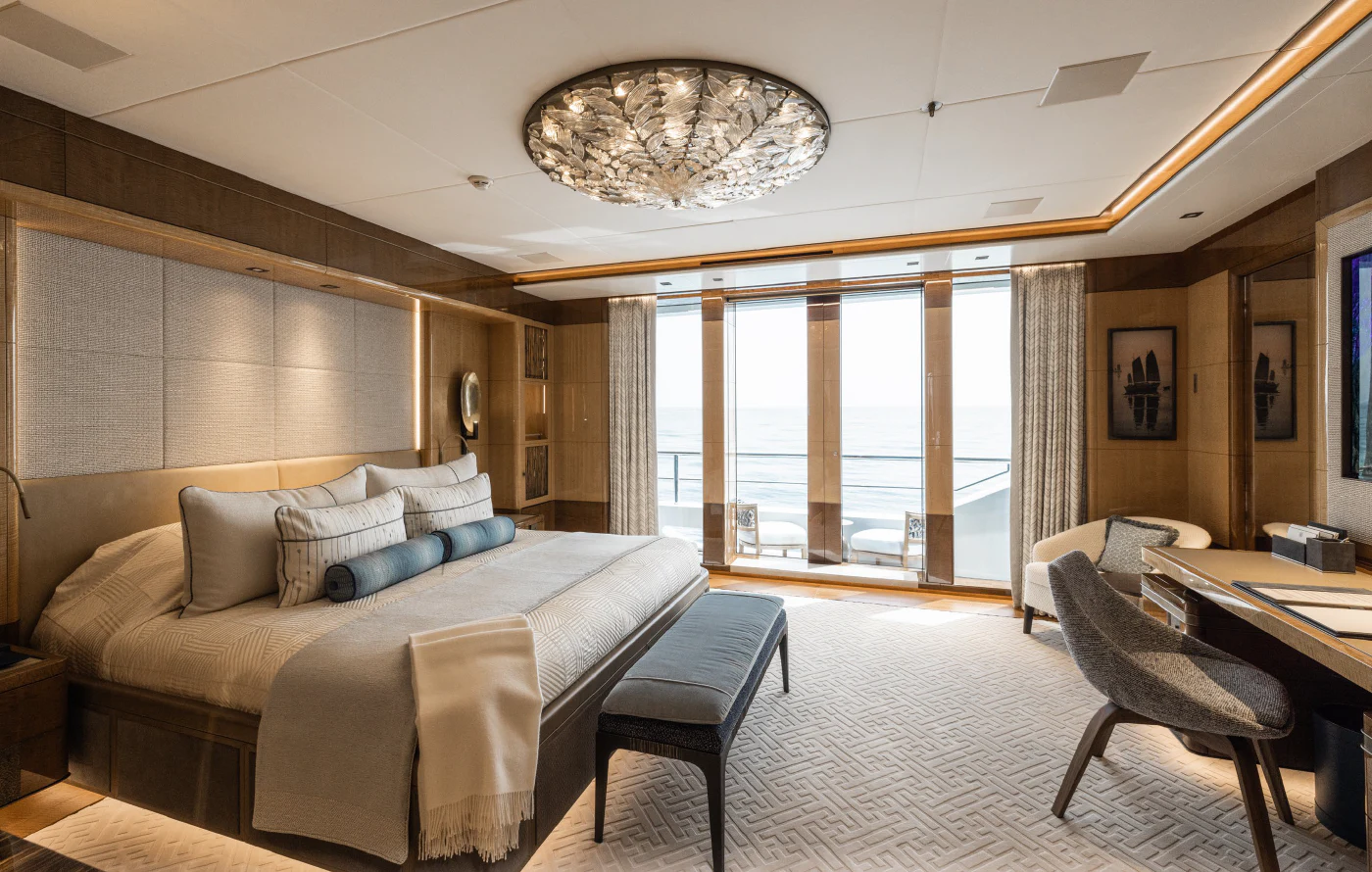 a large living room with a large window aboard ENERGY Yacht for Sale
