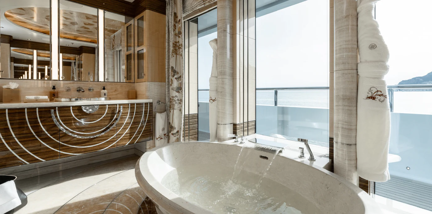 a large bathroom with a large tub aboard ENERGY Yacht for Sale