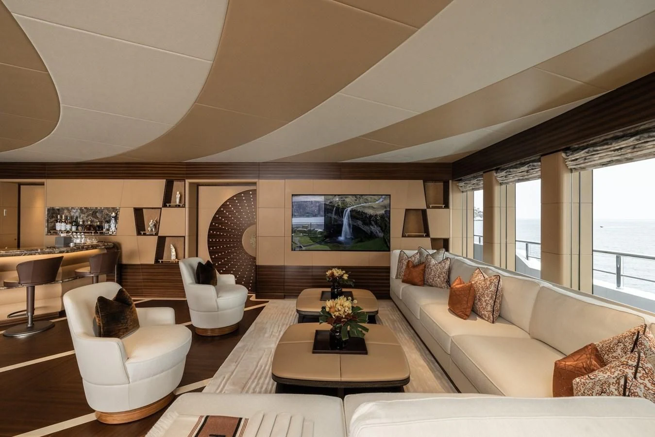 a living room with a large window aboard ENERGY Yacht for Sale
