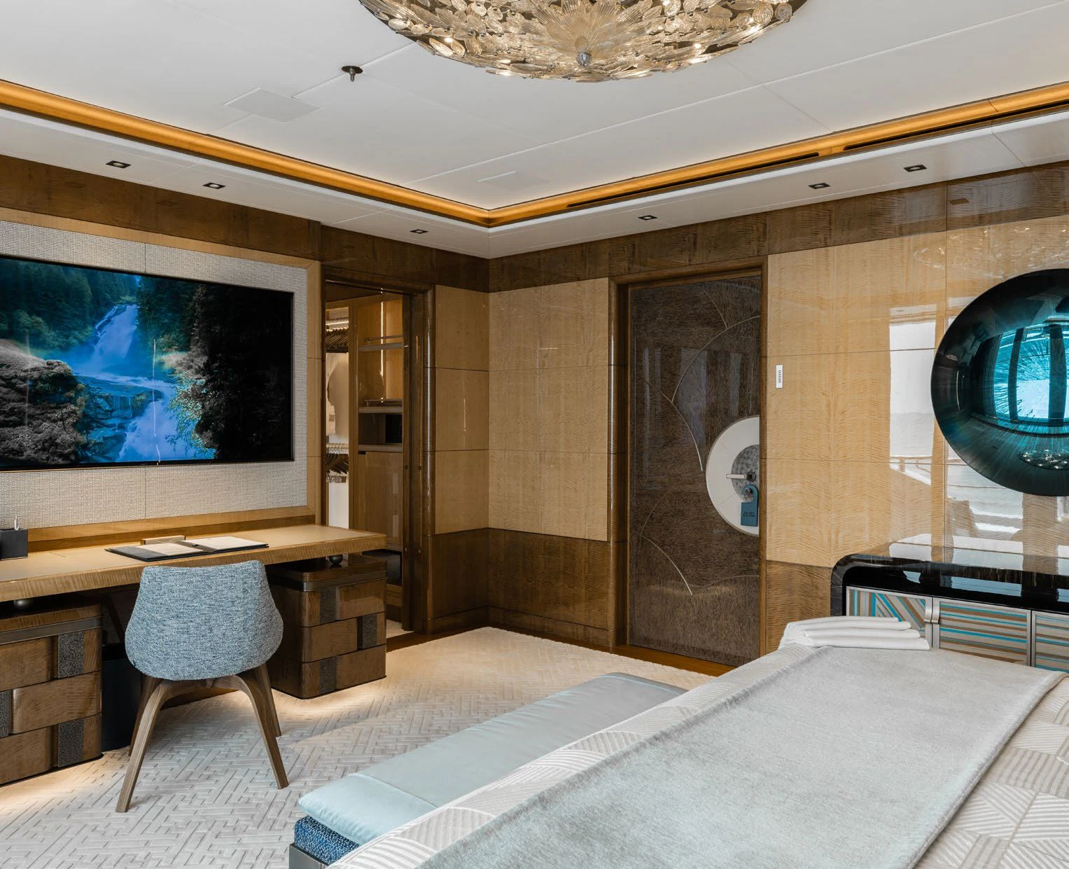 a room with a bed and a tv aboard ENERGY Yacht for Sale