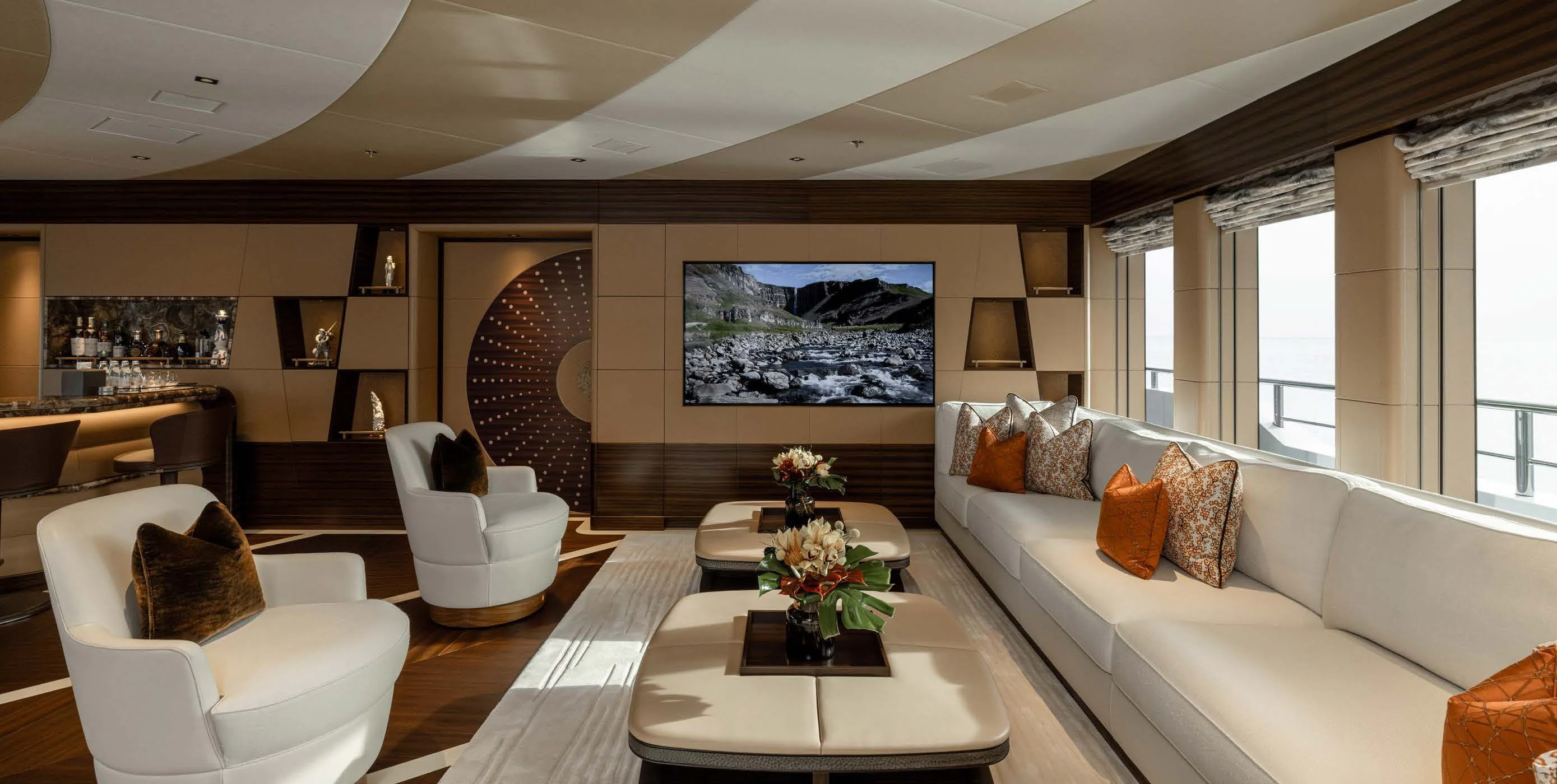 a living room with a large window aboard ENERGY Yacht for Sale