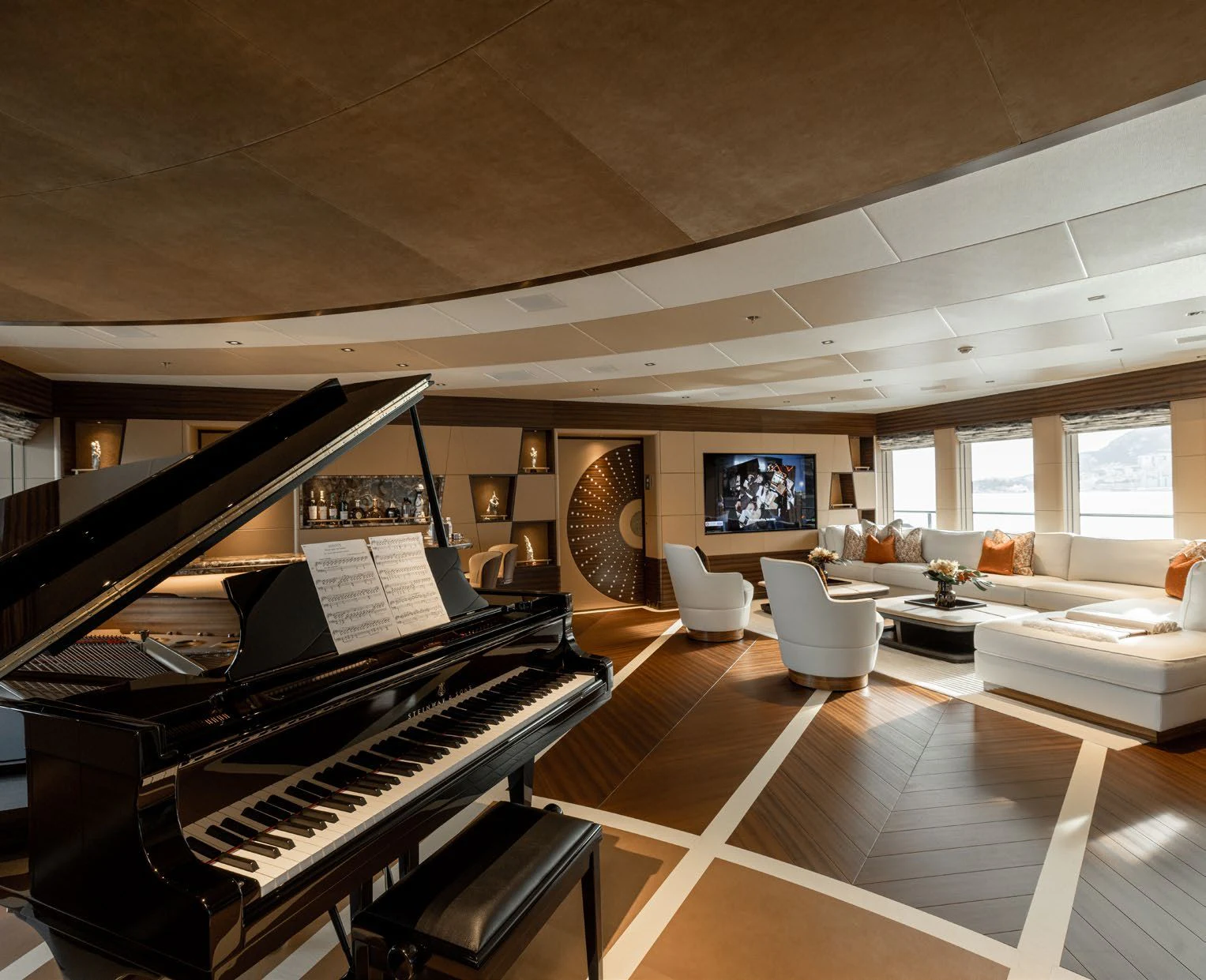 a piano in a living room aboard ENERGY Yacht for Sale