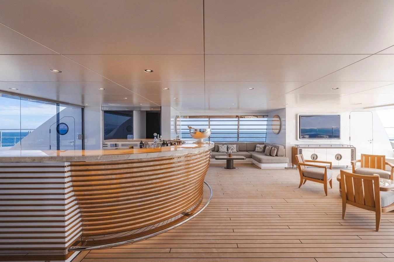a room with a wood floor and a large window with a wood floor aboard ENERGY Yacht for Sale