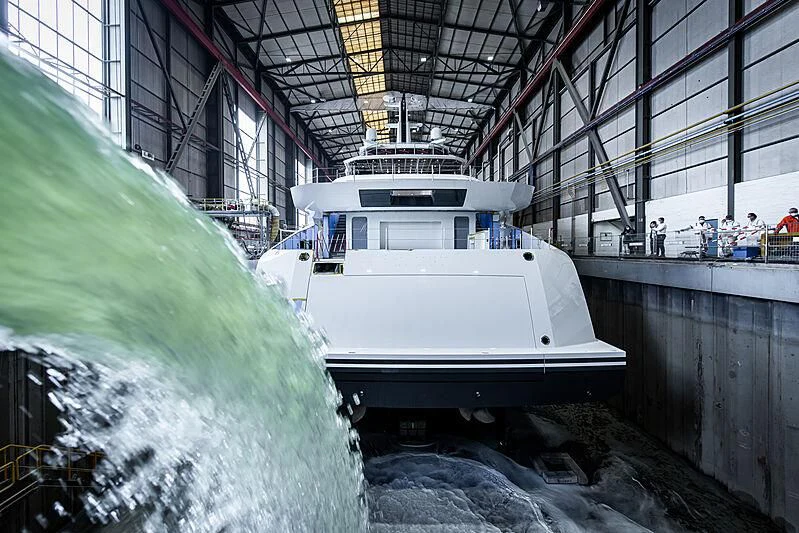 a boat in a large building aboard ENERGY Yacht for Sale