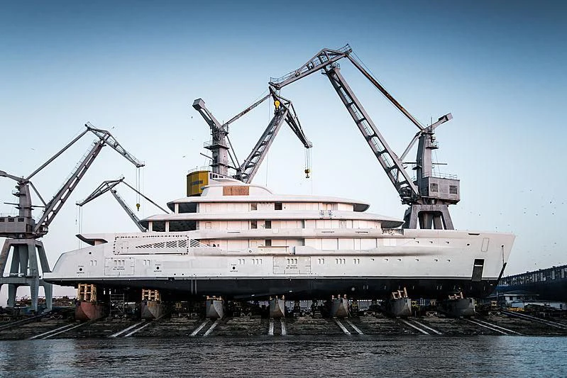 a large ship with a crane aboard ENERGY Yacht for Sale