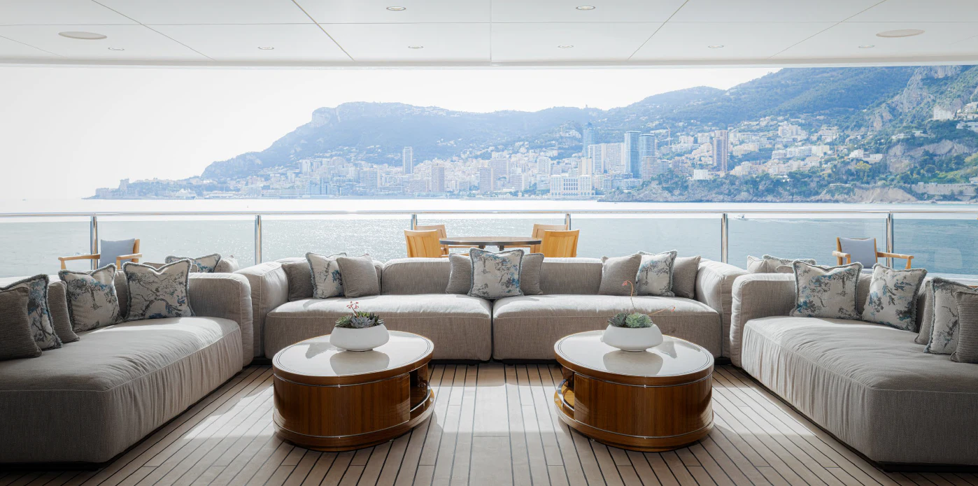 a living room with a large window aboard ENERGY Yacht for Sale