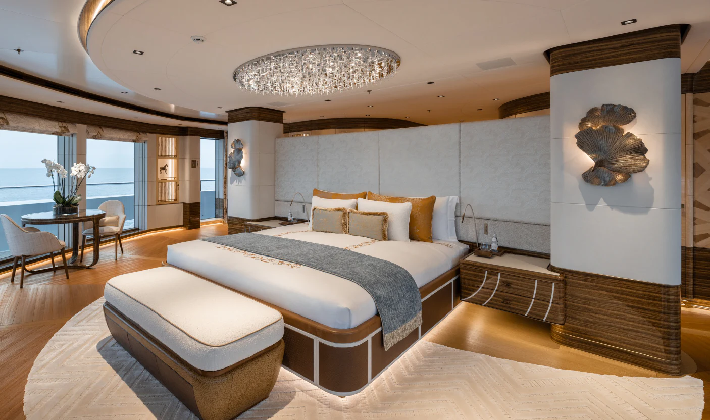 a large bedroom with a large bed aboard ENERGY Yacht for Sale