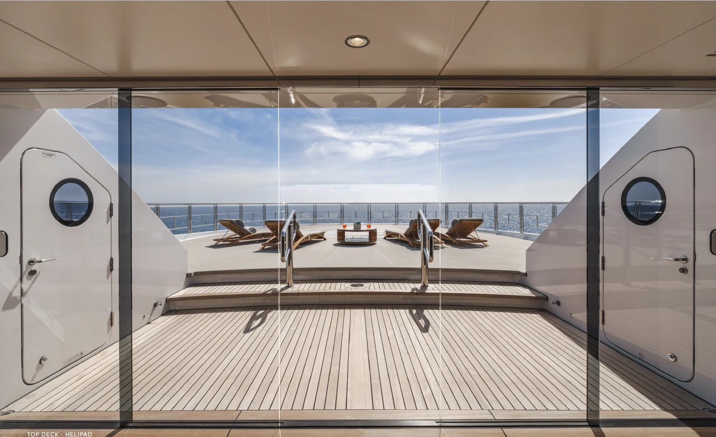 a view of the deck of a ship from the inside of a ship aboard ENERGY Yacht for Sale
