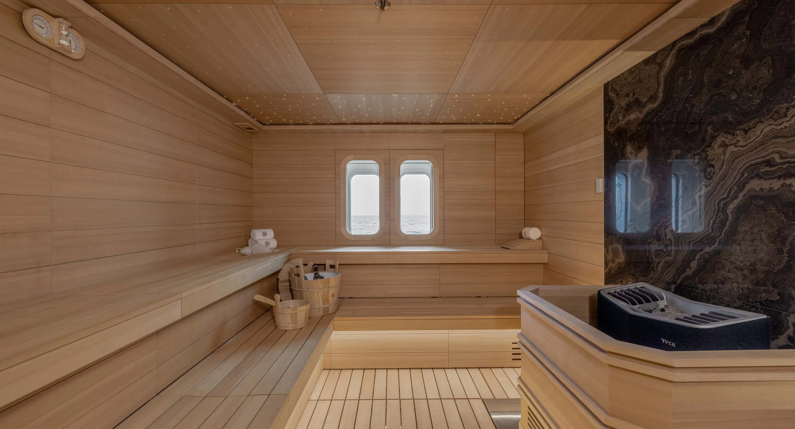 a wooden room with a wood ceiling aboard ENERGY Yacht for Sale