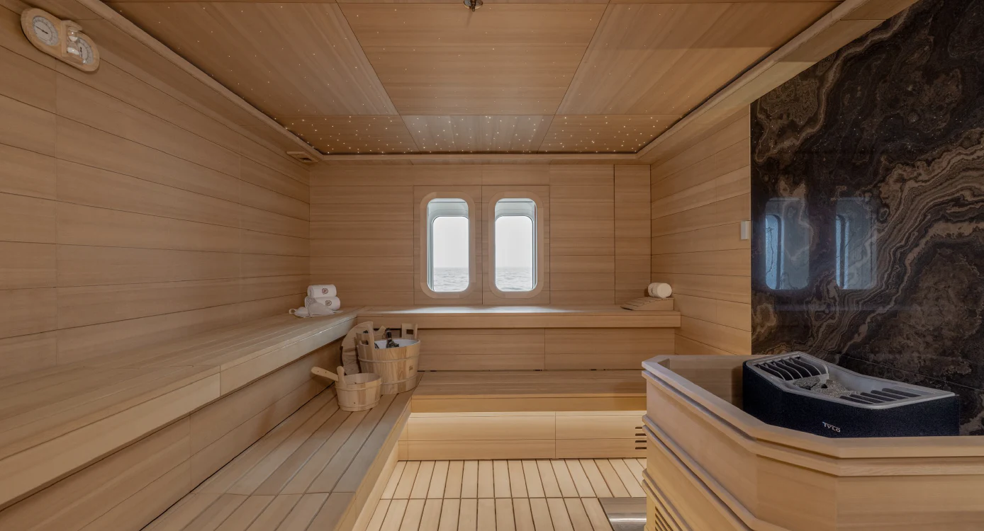 a room with a wood ceiling and a wood floor aboard ENERGY Yacht for Sale