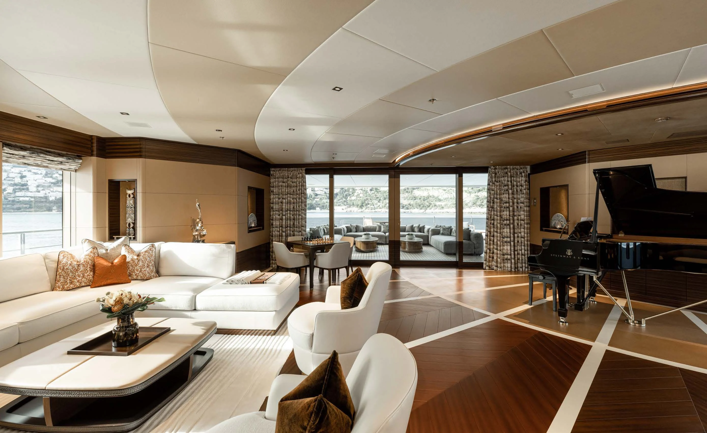 a living room with a large window aboard ENERGY Yacht for Sale