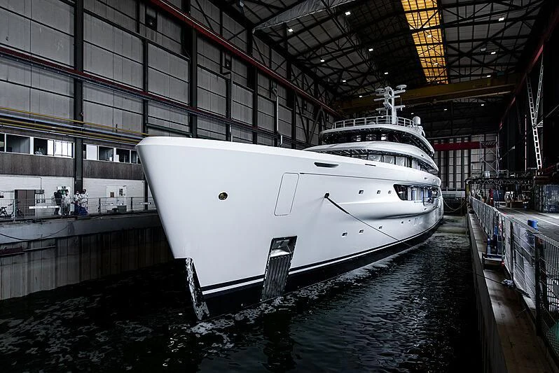 a white boat in a large building aboard ENERGY Yacht for Sale