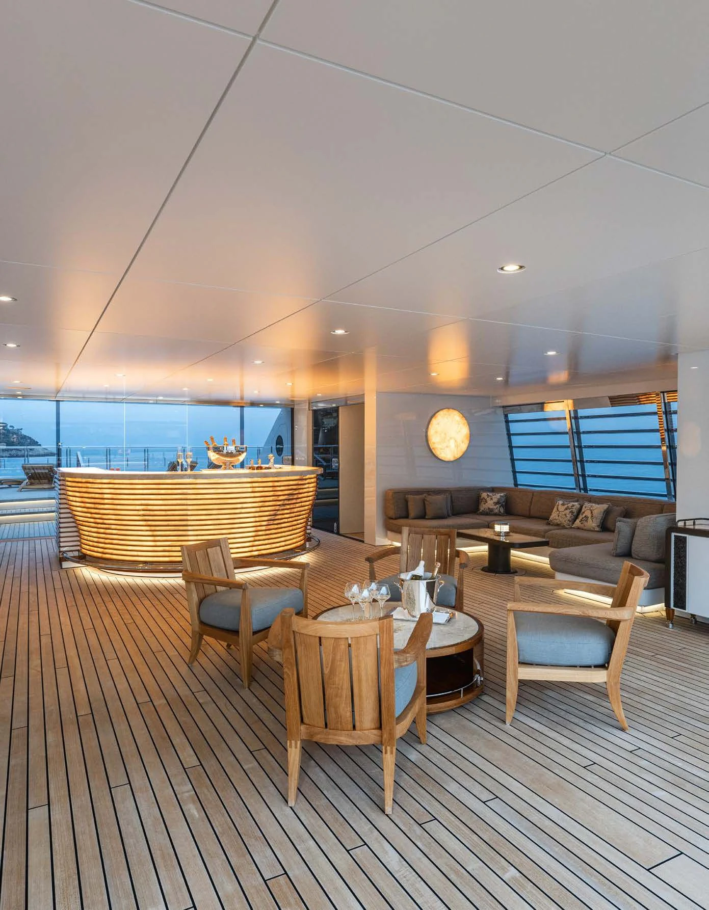 a large room with a table and chairs aboard ENERGY Yacht for Sale