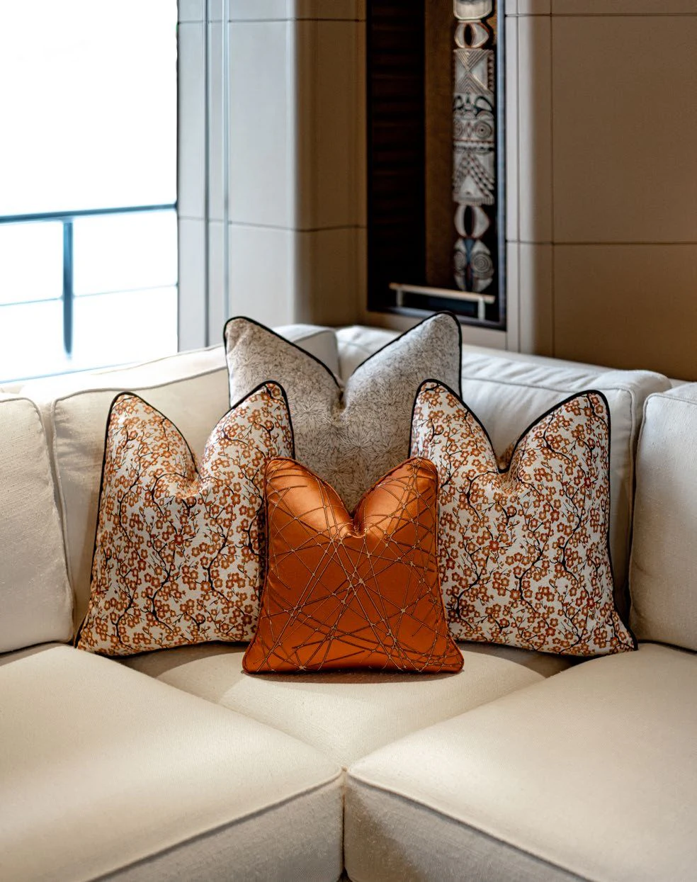 a couch with pillows aboard ENERGY Yacht for Sale