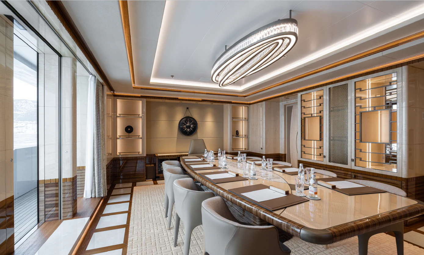 a large dining room with a large table and chairs aboard ENERGY Yacht for Sale