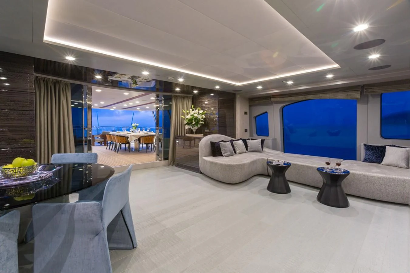 a living room with a large window aboard EDESIA Yacht for Sale