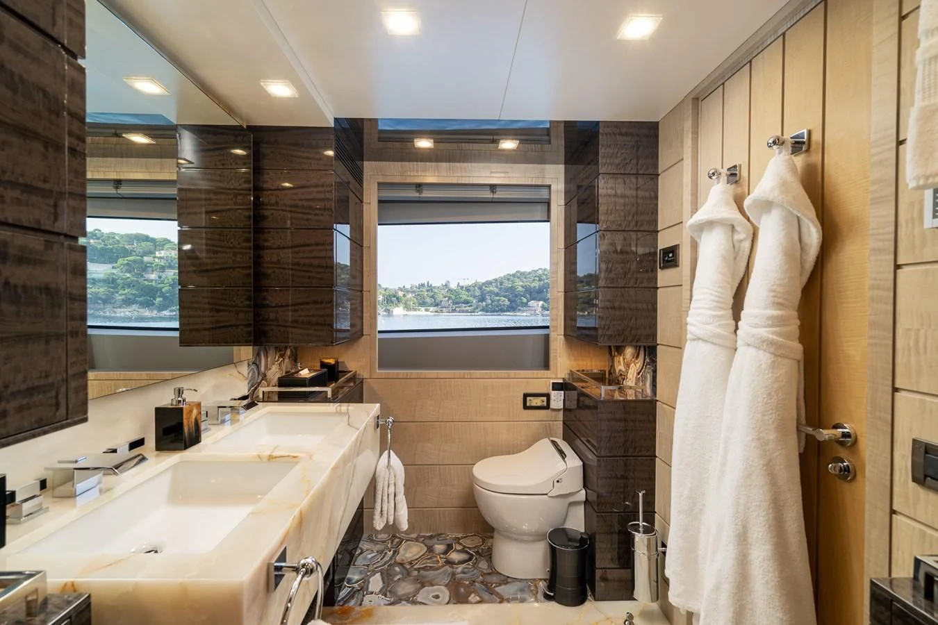 a bathroom with a towel on the wall aboard EDESIA Yacht for Sale