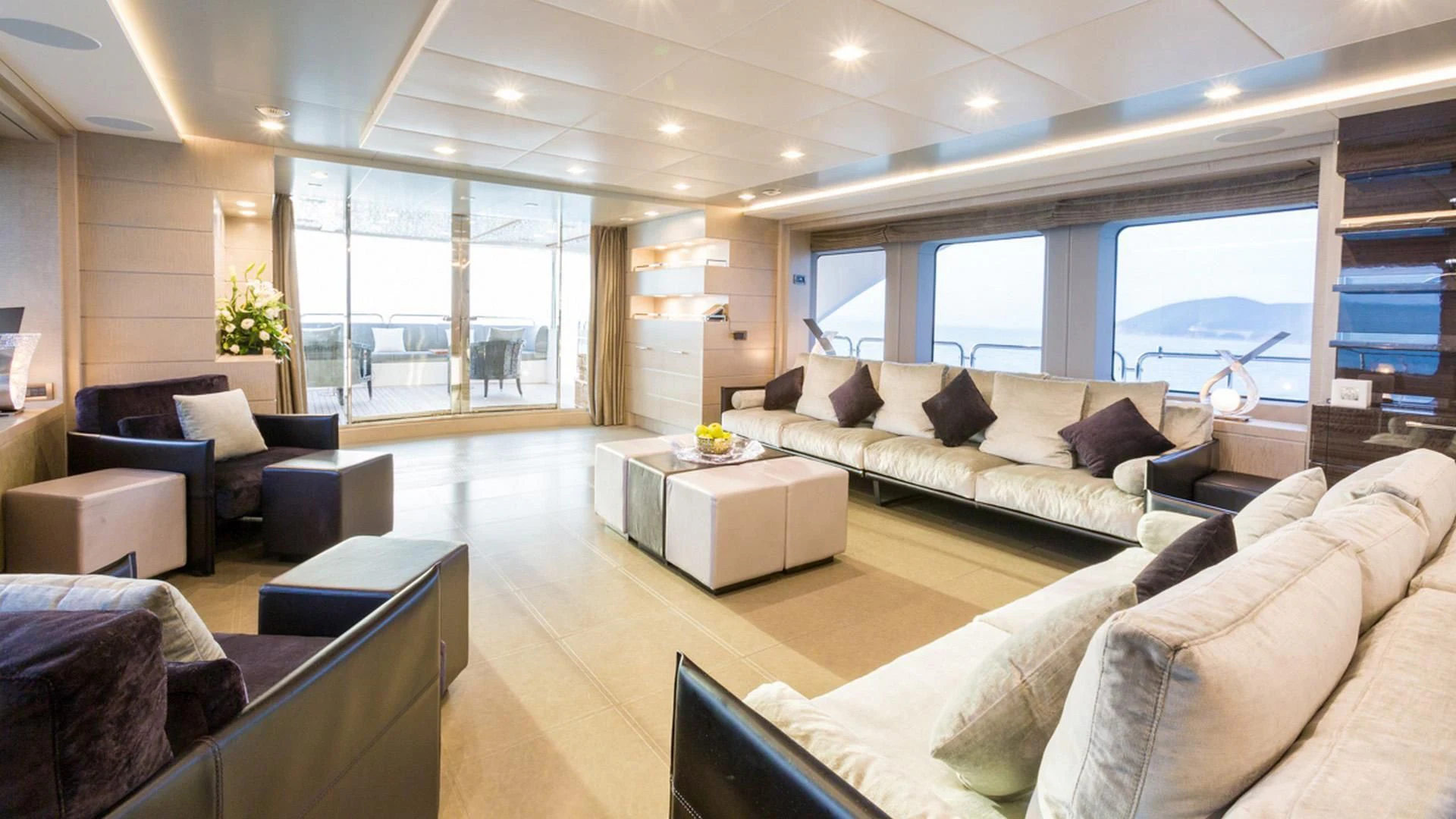 a living room with a large window aboard EDESIA Yacht for Sale