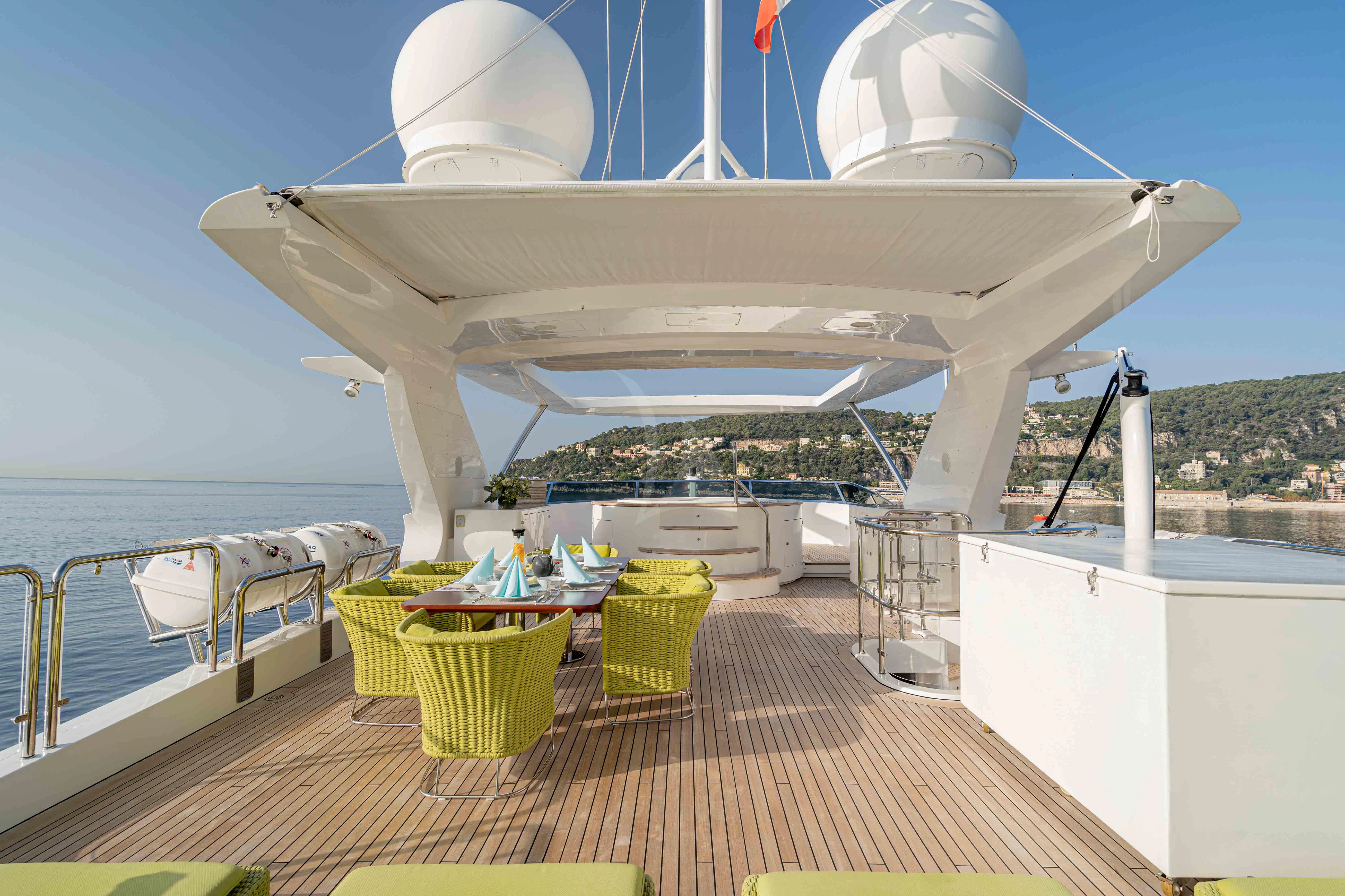 a large white building with a dome roof and a table with chairs on a deck with a large aboard EDESIA Yacht for Sale