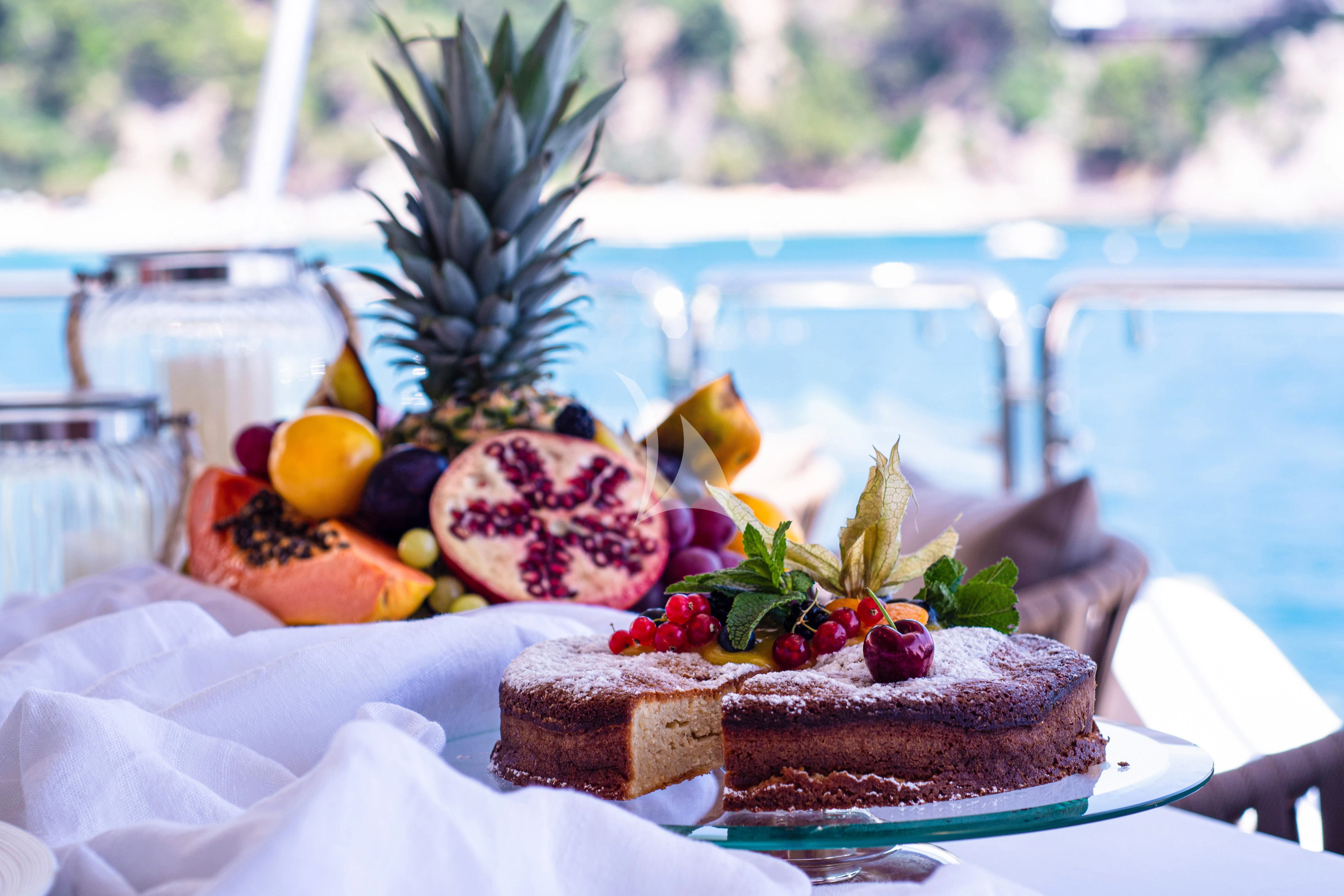a plate of food aboard EDESIA Yacht for Sale