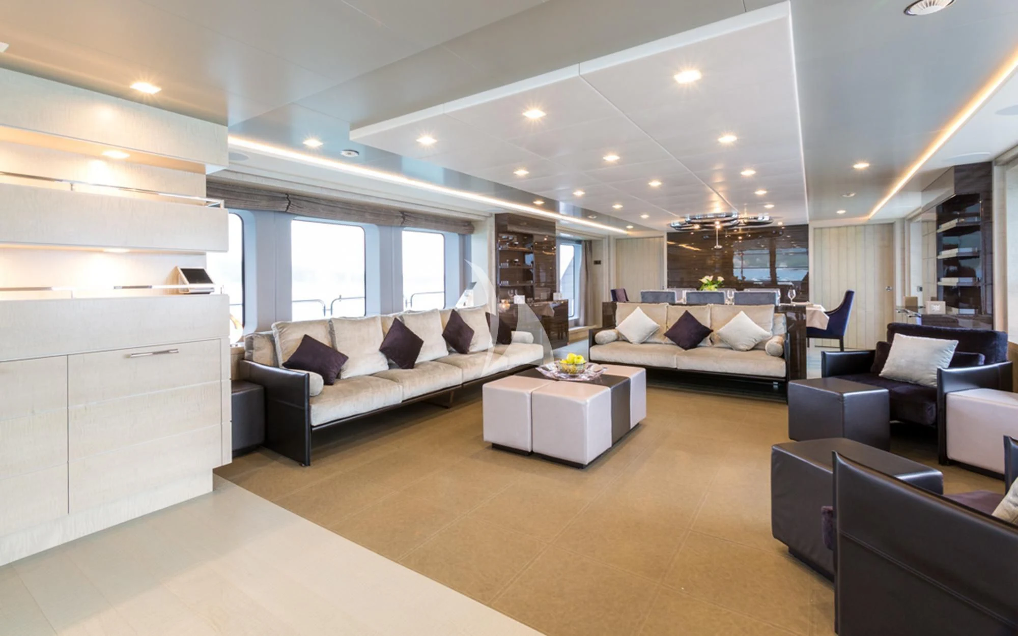 a living room with a large window aboard EDESIA Yacht for Sale