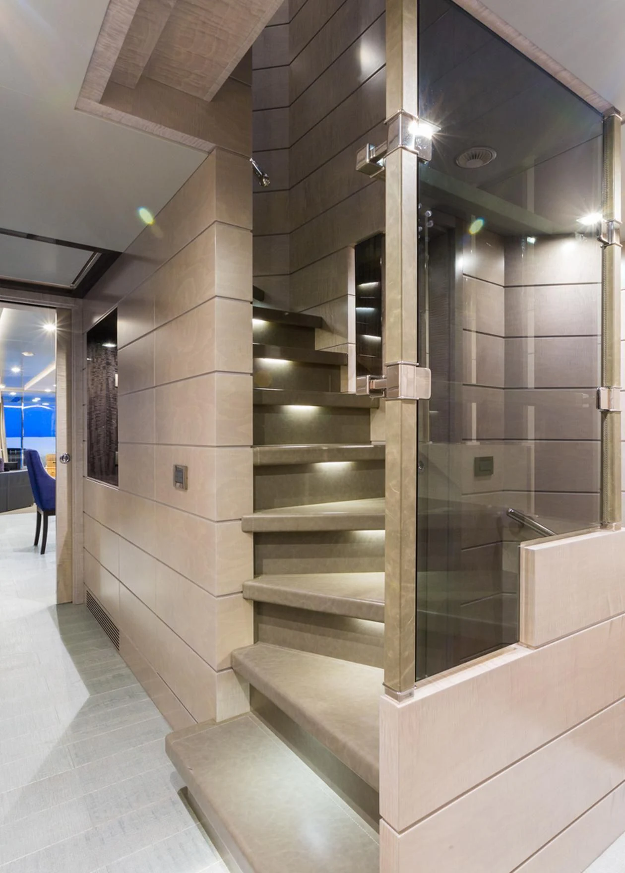 a staircase in a building aboard EDESIA Yacht for Sale