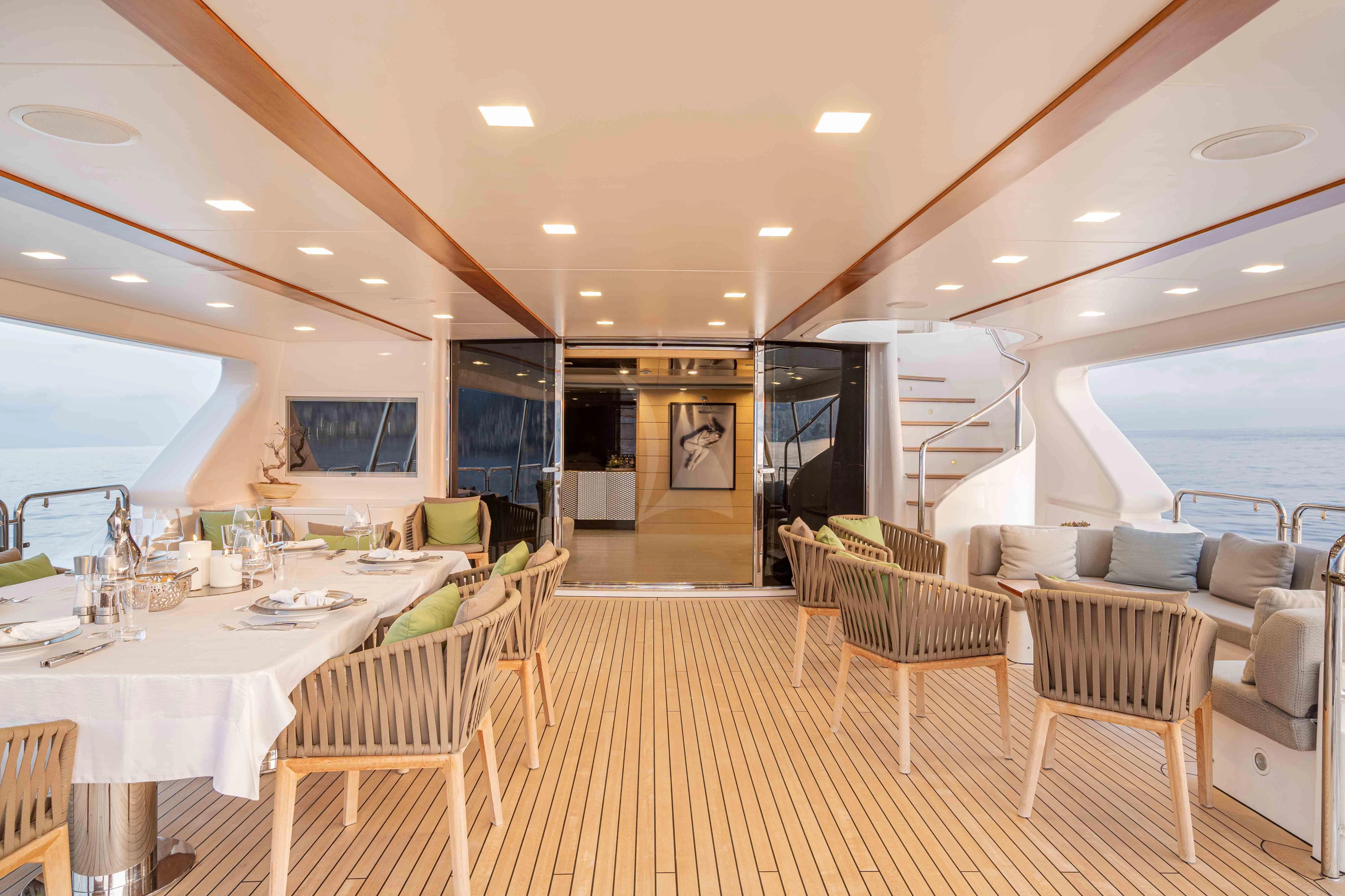 a large room with tables and chairs aboard EDESIA Yacht for Sale