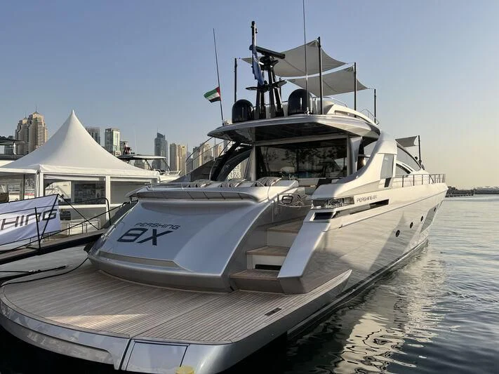 a boat docked at a pier aboard BEYOND Yacht for Sale