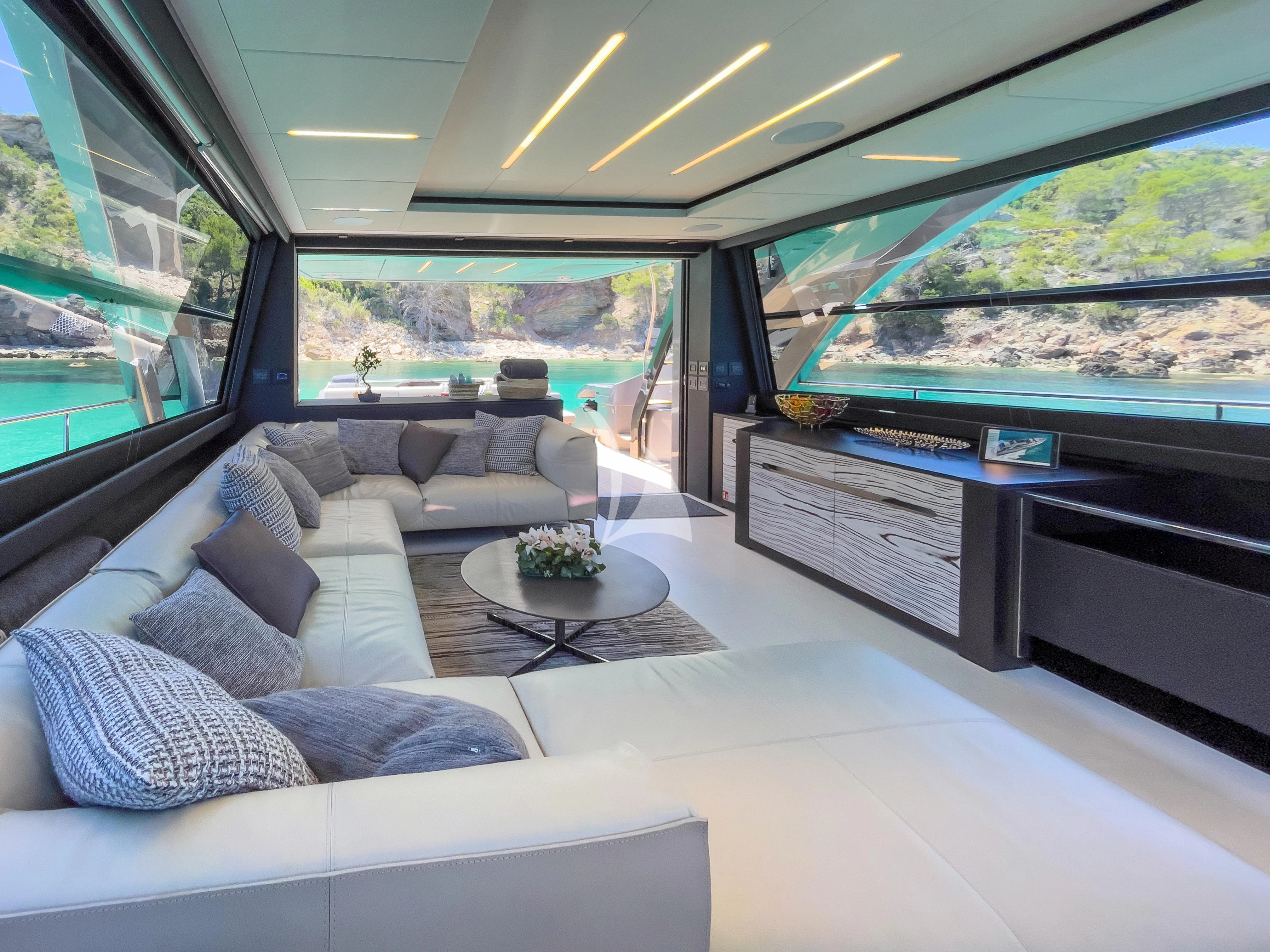 inside of a car aboard BEYOND Yacht for Sale