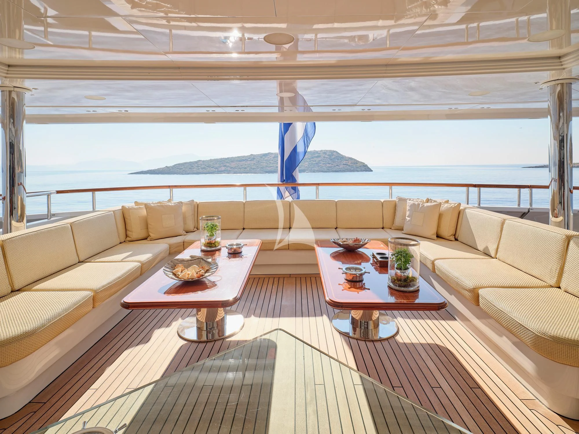 a living room with a large window aboard SUNDAY Yacht for Charter