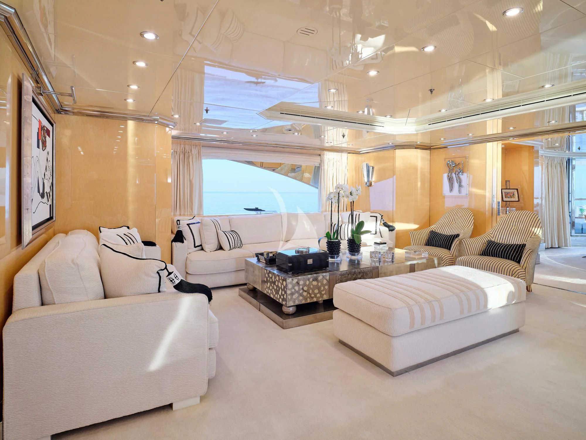 a living room with a large window aboard SUNDAY Yacht for Charter