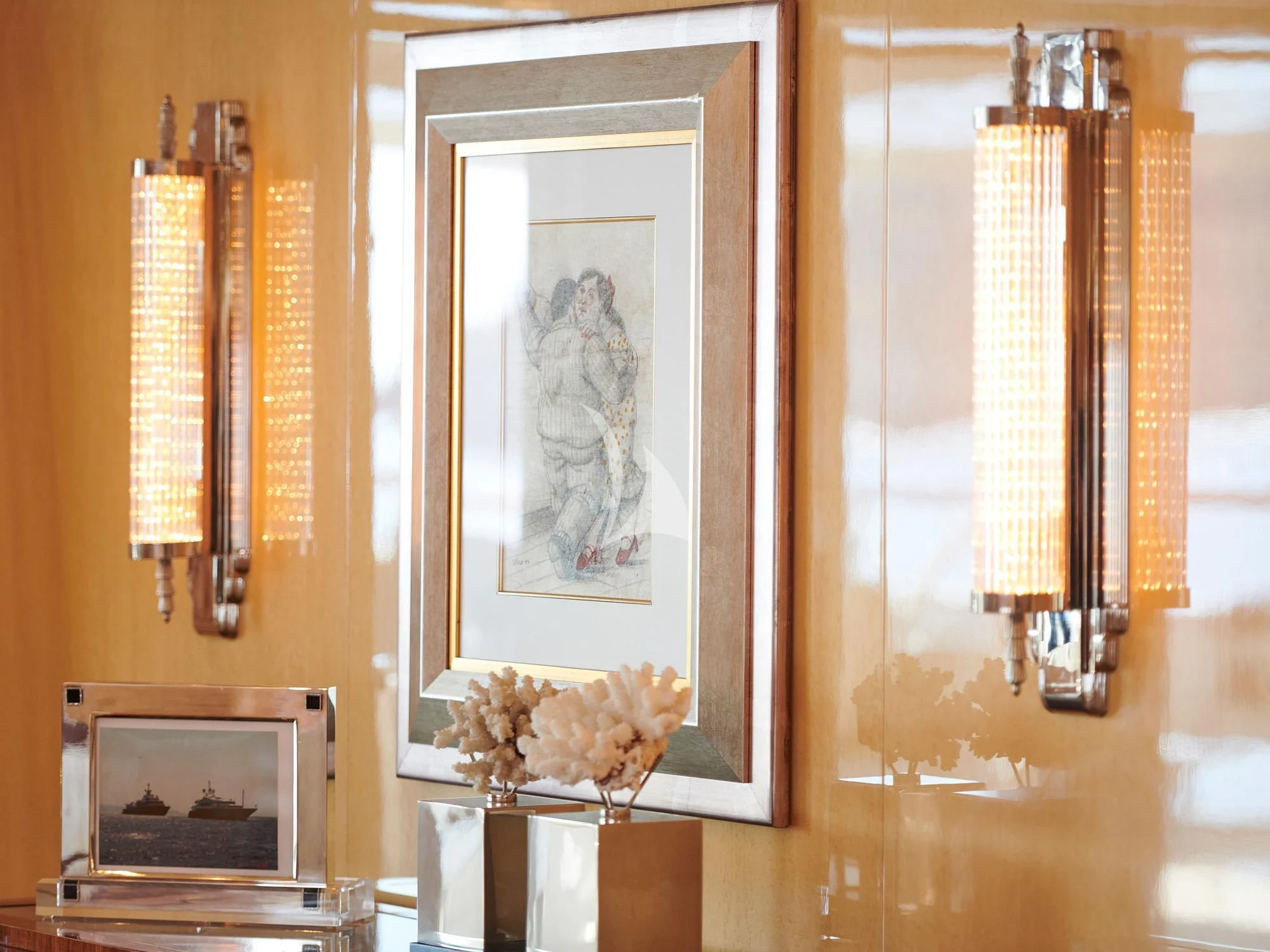 a framed painting in a room aboard SUNDAY Yacht for Charter