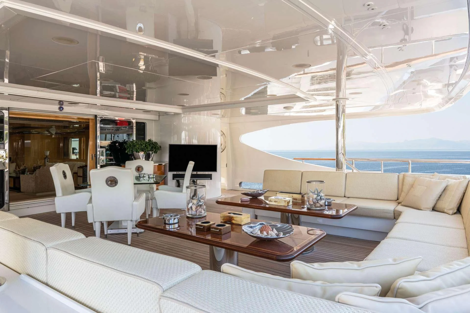 a living room with a large white ceiling aboard SUNDAY Yacht for Charter