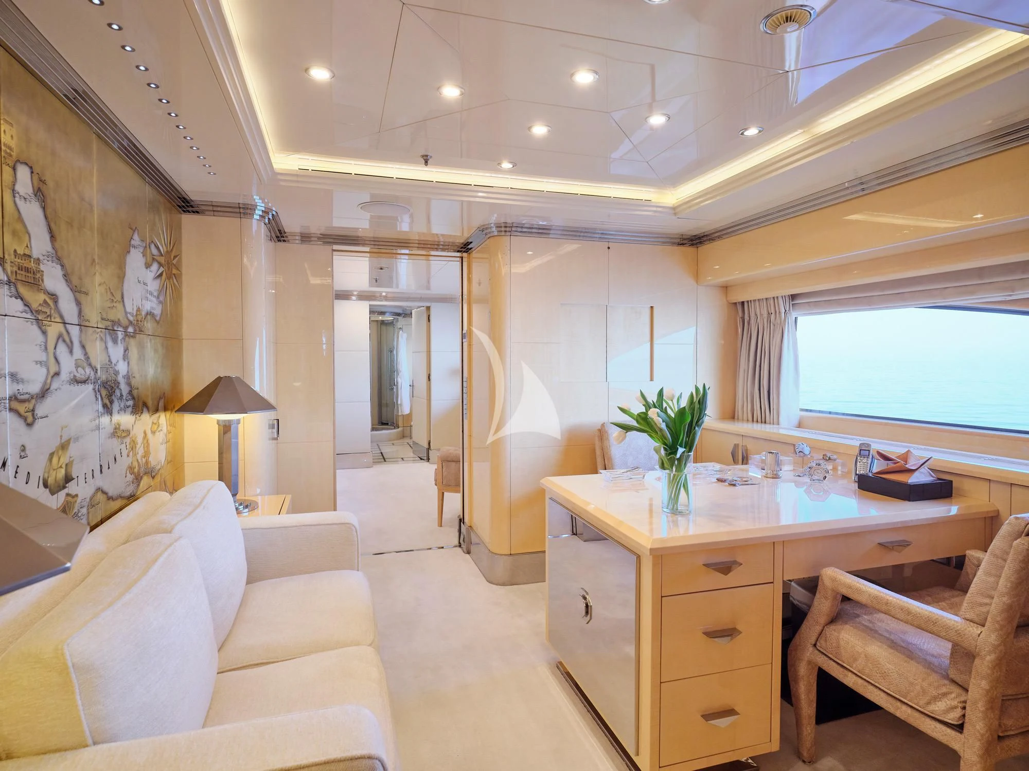 a large kitchen with a large island aboard SUNDAY Yacht for Charter