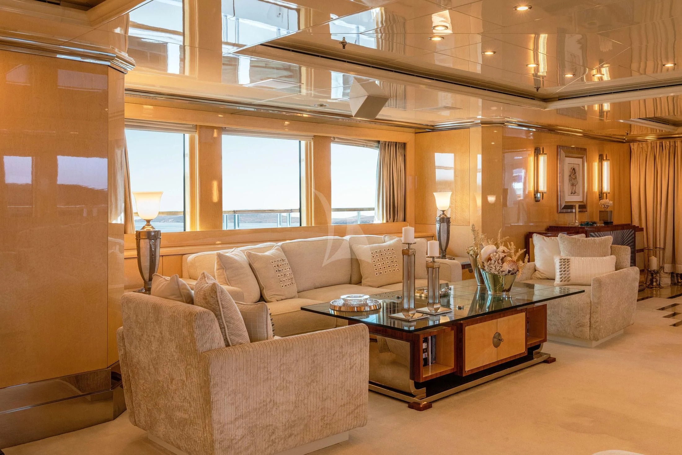 a living room with a large window aboard SUNDAY Yacht for Charter
