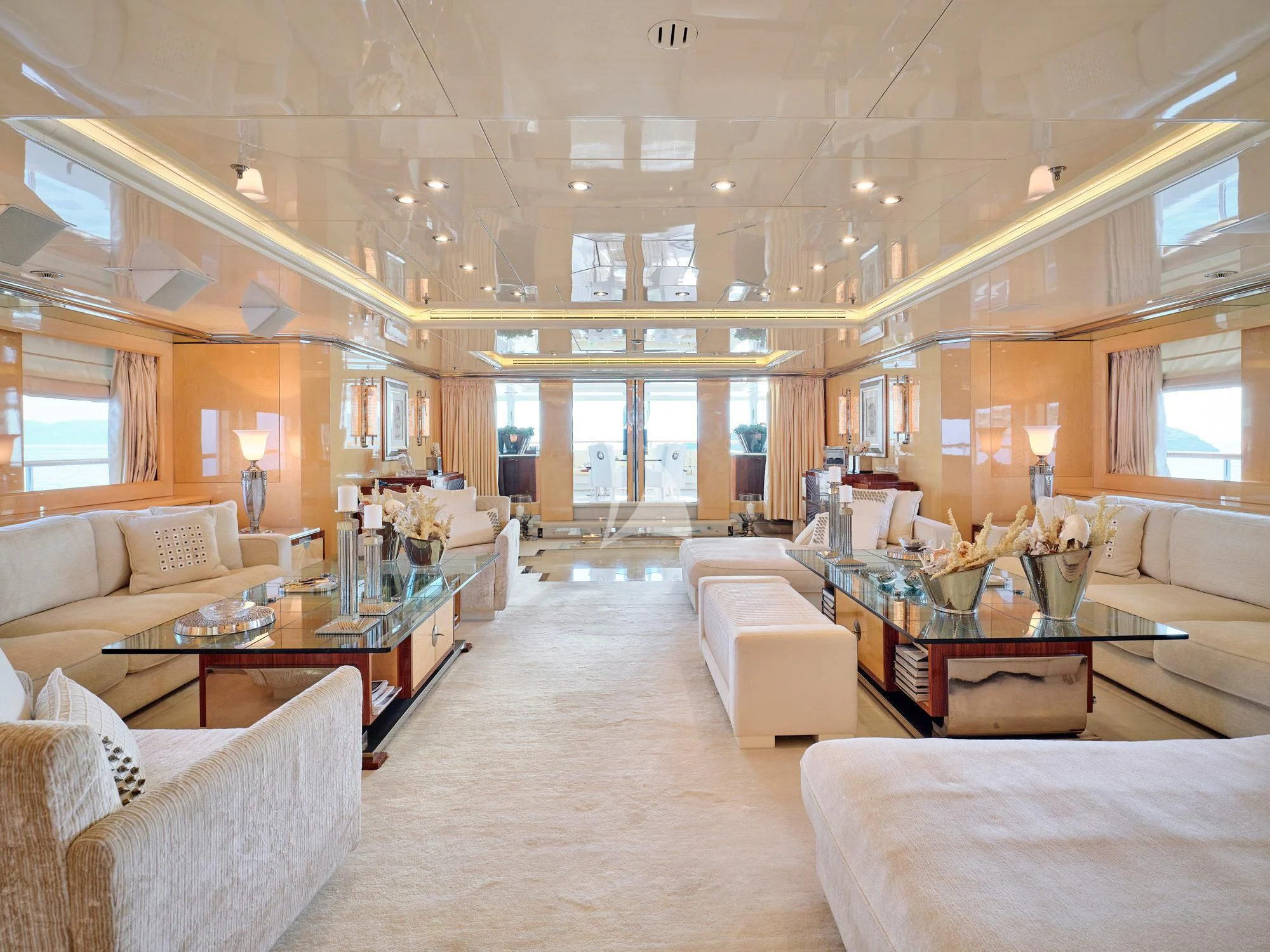 a large living room with a large open floor plan aboard SUNDAY Yacht for Charter