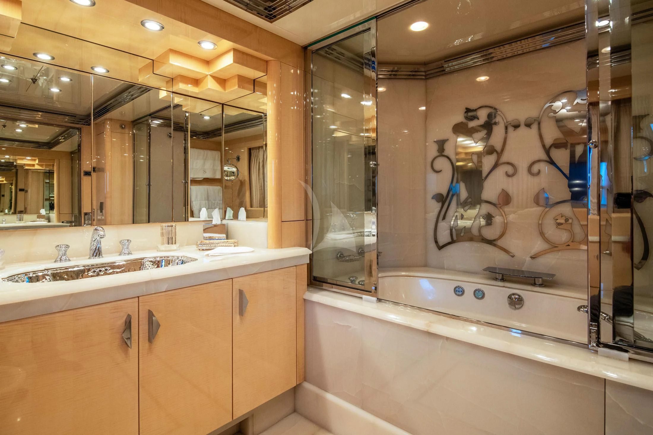 a bathroom with a large shower aboard SUNDAY Yacht for Charter