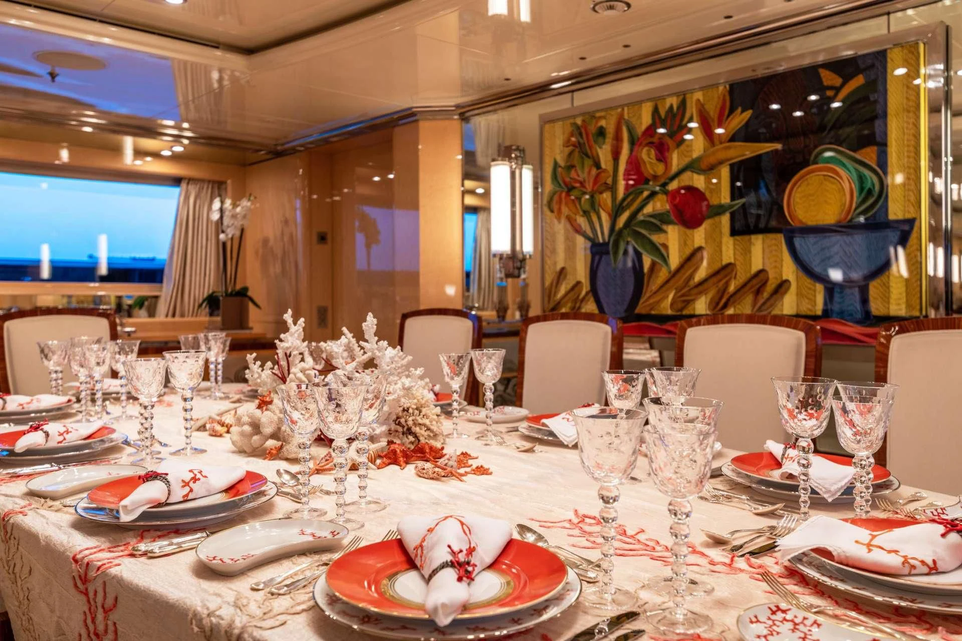 a large room with tables and chairs aboard SUNDAY Yacht for Charter