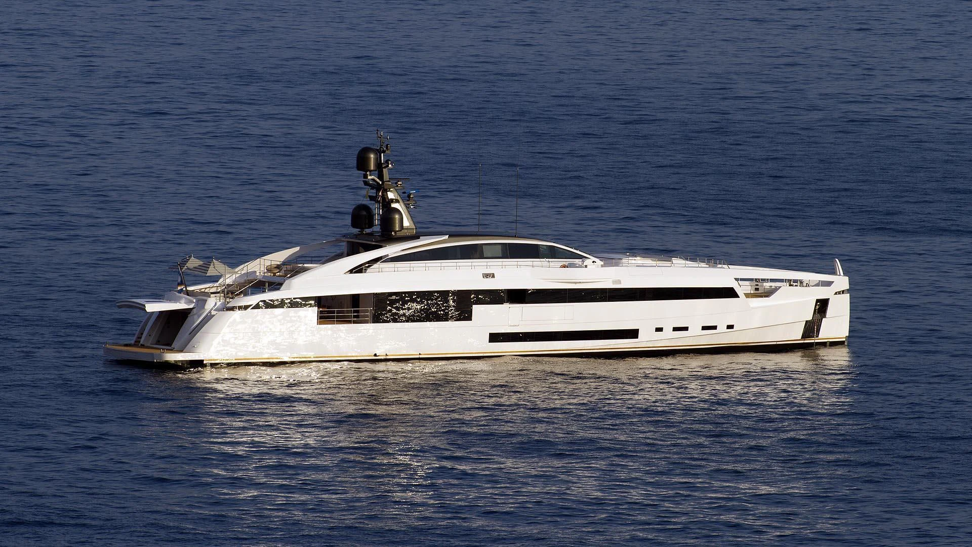 a white yacht in the water aboard AURORA Yacht for Sale