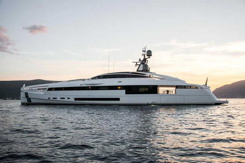 a white yacht in the water aboard AURORA Yacht for Sale