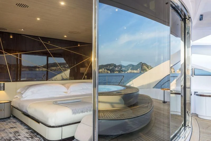 a large glass window in a room aboard AURORA Yacht for Sale