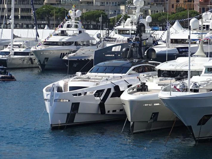 several boats in a harbor aboard AURORA Yacht for Sale