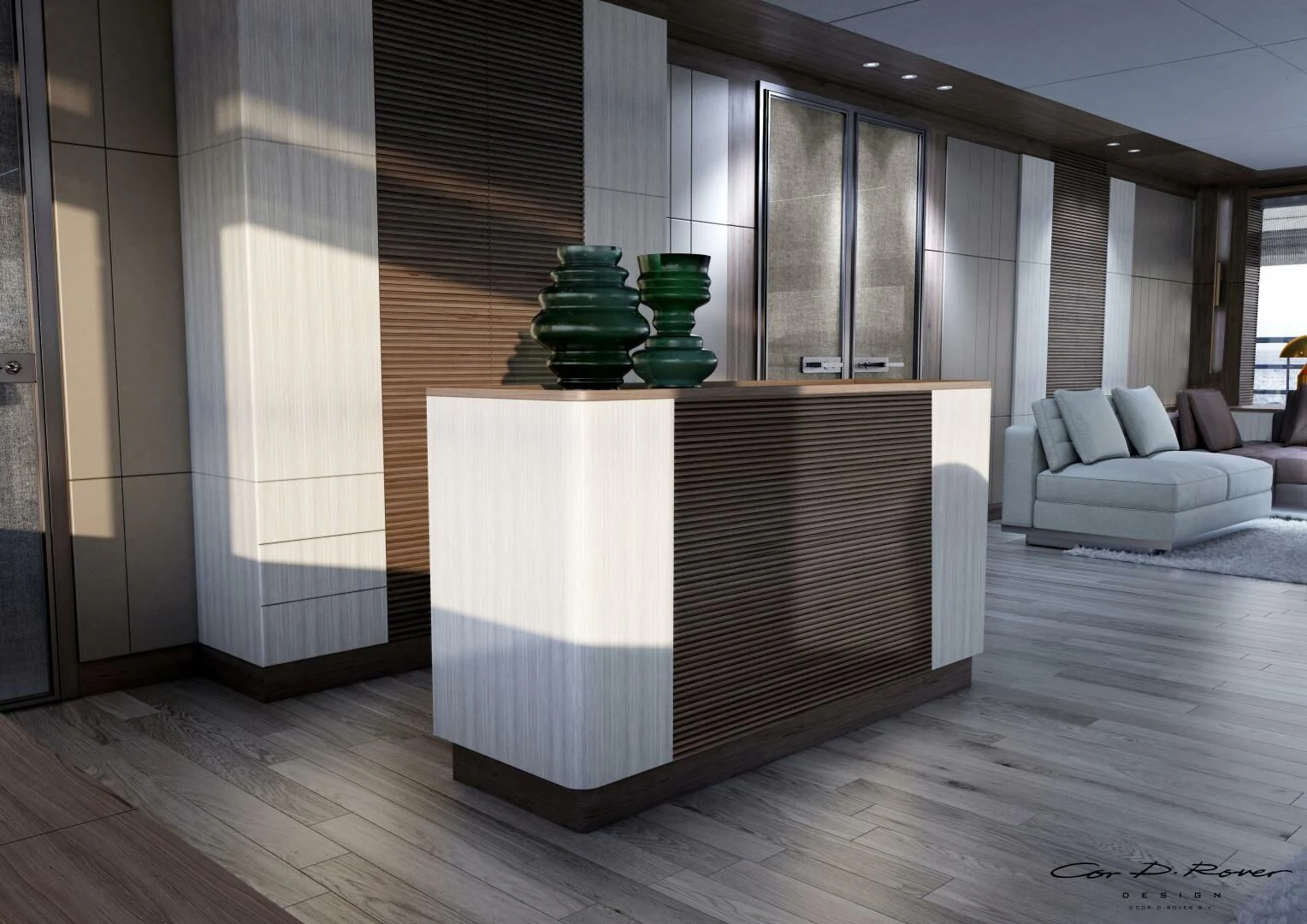 a room with a wood floor and a large window with a wood floor aboard HORIZON II Yacht for Sale