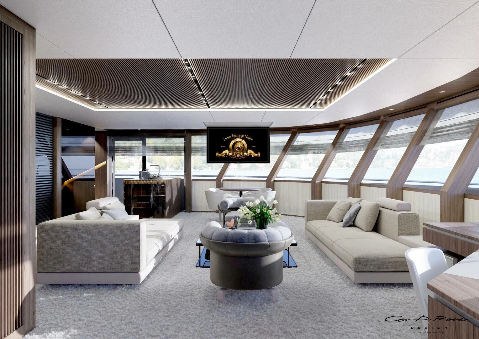 a room with a couch and a table aboard HORIZON II Yacht for Sale