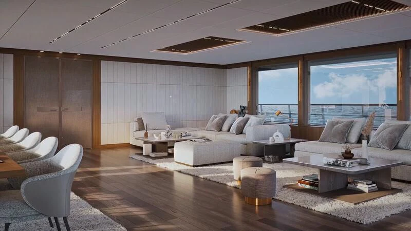a living room with a large window aboard HORIZON II Yacht for Sale