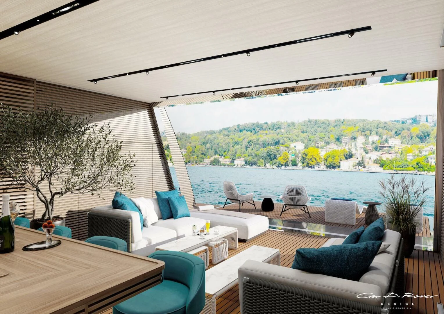 a room with a table chairs and a large window aboard HORIZON II Yacht for Sale