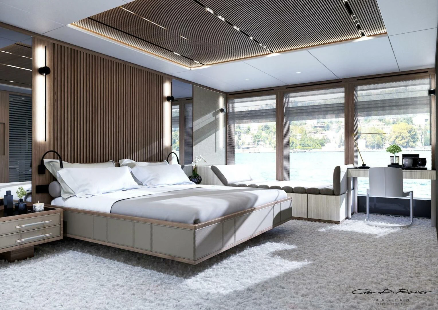 a large bedroom with a large window aboard HORIZON II Yacht for Sale