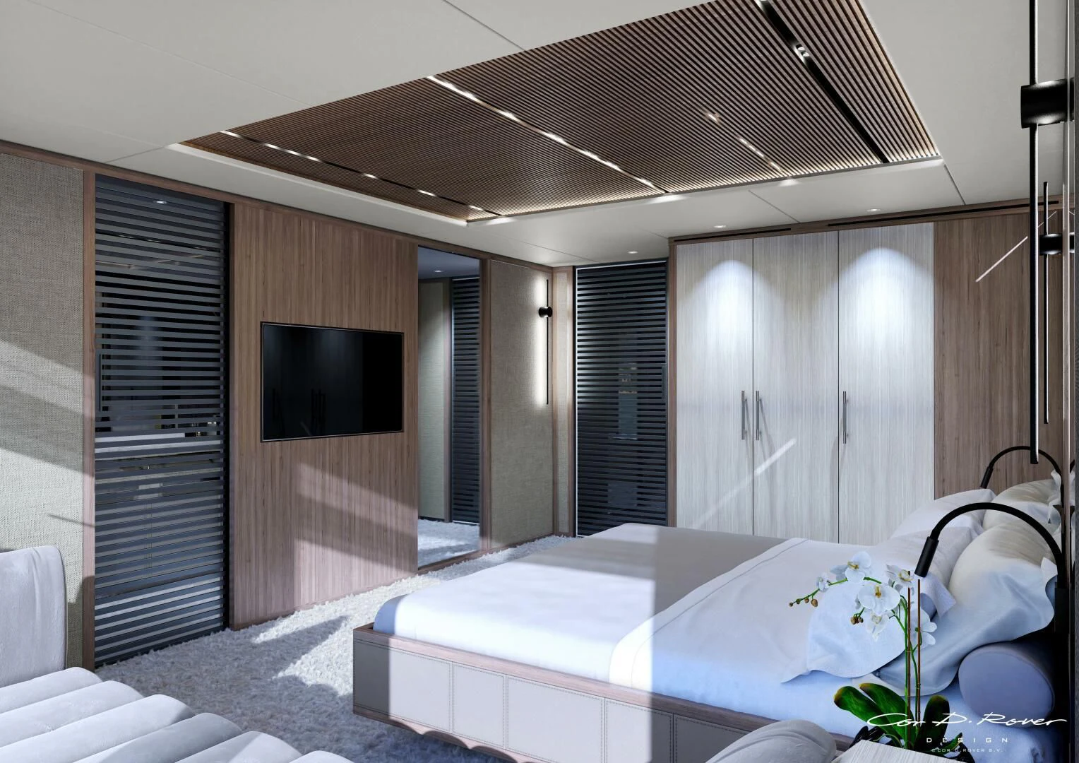 a room with a bed and a television aboard HORIZON II Yacht for Sale